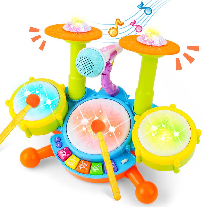 deAO Drum Set with 2 Drum Sticks and Microphone, Musical Instruments Playset, Birthday Gift Toys