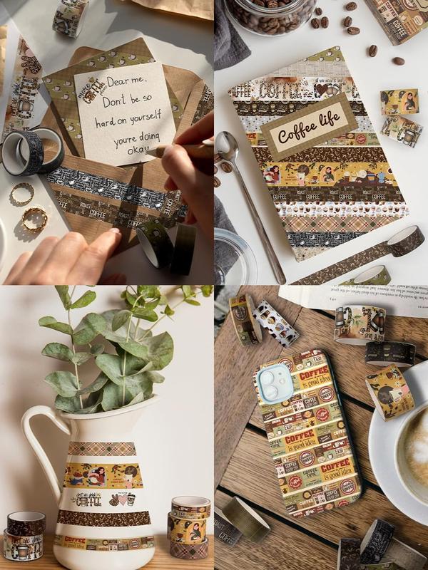 Vintage Crafts Coffee Themed Washi Tape Set - 14 Rolls for Scrapbooking Supplies