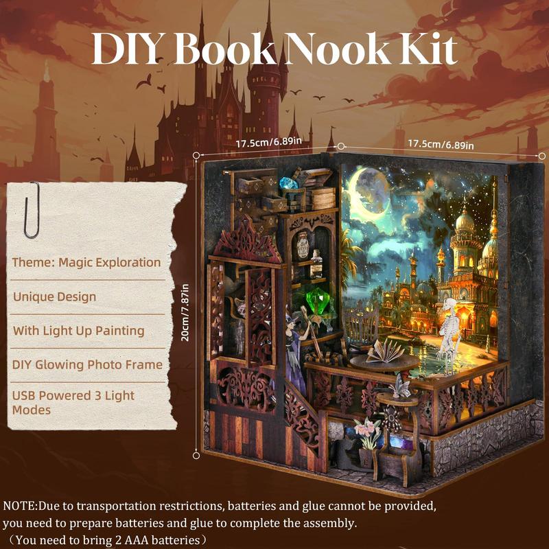 DIY Wooden Book Nook Kit with 3 Light Modes, 3D Miniature House Kit, Bookshelf Insert Decoration with Light Up Painting, Stocking Fillers Gift