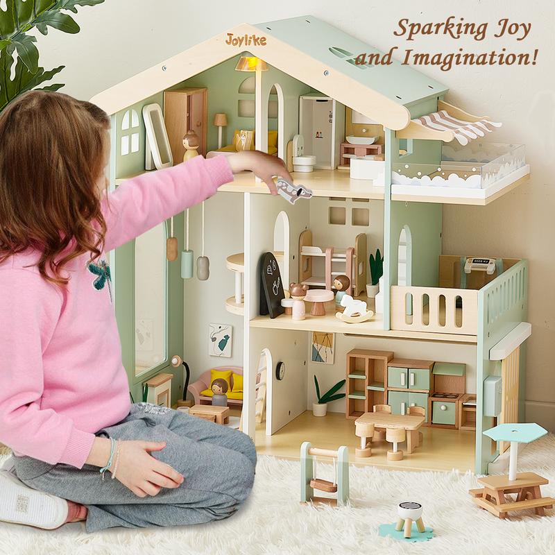 Joylike Wooden Doll Room, With Wooden Furniture, All Wooden Play House.