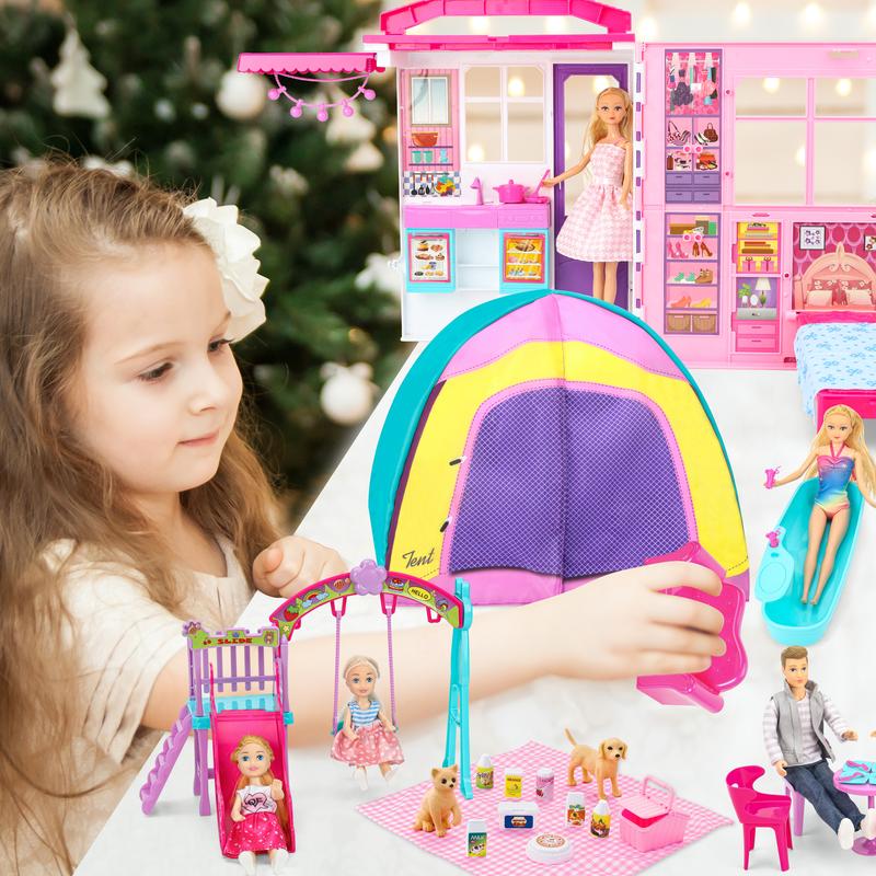 Foldable Dollhouse w  60+ Pcs & 2 Dolls, Play House Toy with Bedroom Kitchen Furniture Camping Playset, Playhouse Birthday Gift for Girl Kid Toddler