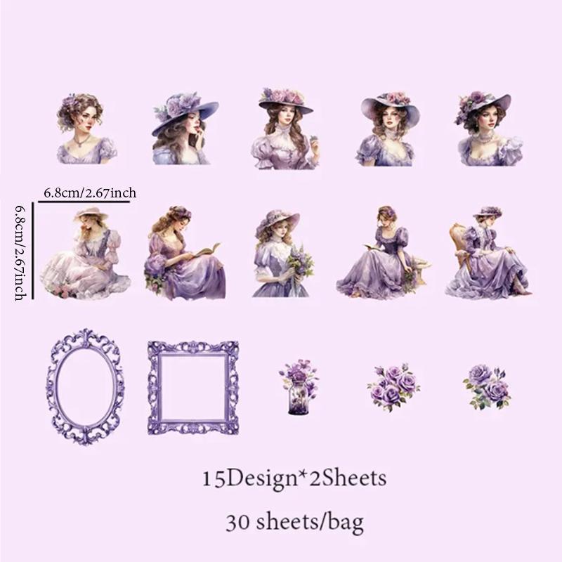 Vintage Girl Pattern Stickers, 30 Sheets Pack PET Waterproof Self Adhesive Material Sticker, Scrapbook Decorative Stickers, Bedroom Decor