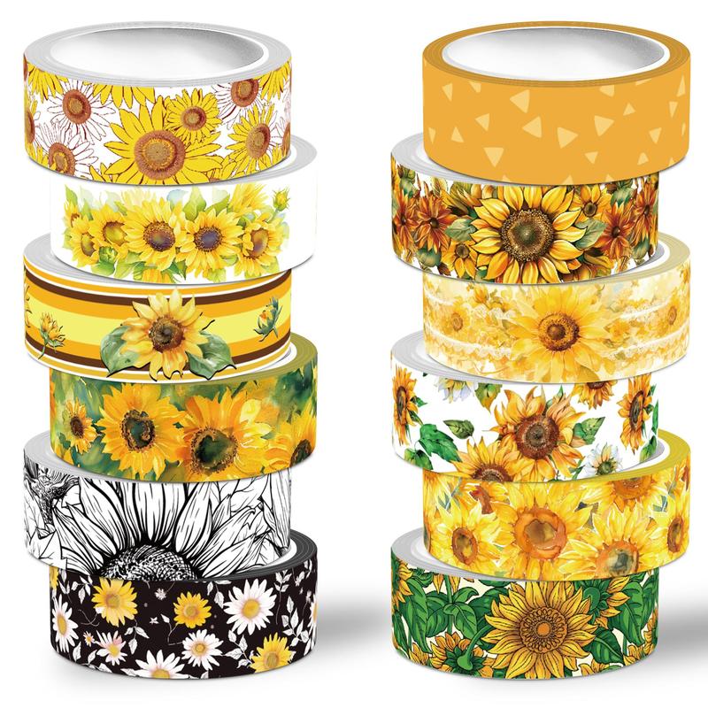 Sunflower Pattern Washi Tape (12 Rolls set), Decorative Tape, DIY Decorative Tape for Journaling Supplies, Scrapbooking, Gift Wrapping