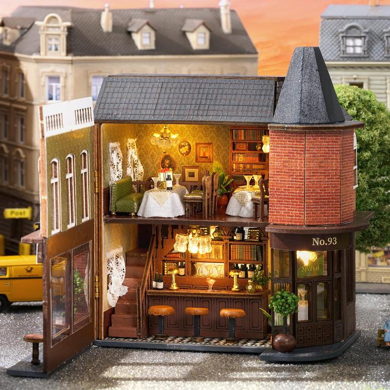 3D Corner Western Restaurant Building Blocks, Wooden DIY Miniature House Kit Set, Mini Creative House LED Handmade Home Decoration Handcraft