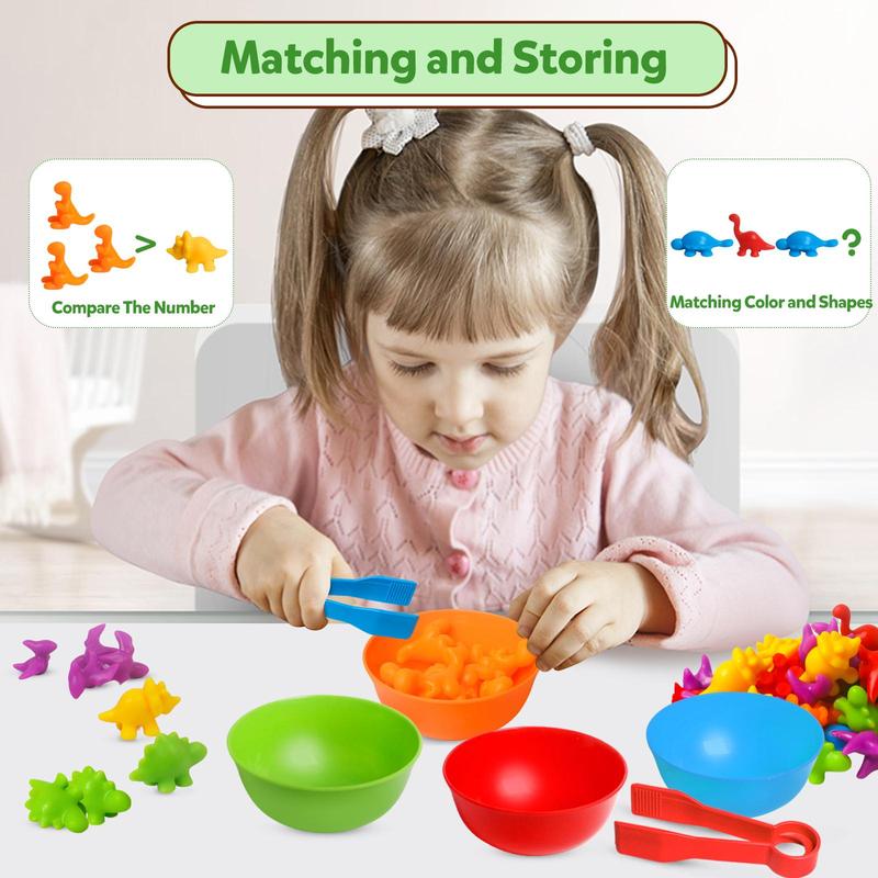 Counting Dinosaur Toy, Color Classification Game Toy, Color Matching Sorting Cups and Tweezers, Montessori Mathematics Teaching Aids Kindergarten Game Kit