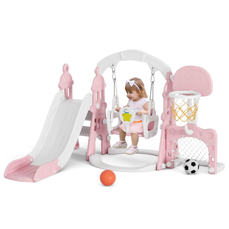 KORIMEFA 5 in 1 Kids Slide and Swing Set with Basketball Hoop, Soccer net and Climbing Ladder - Multifunctional Play Center for Active Fun for Kids Age 3-4 years