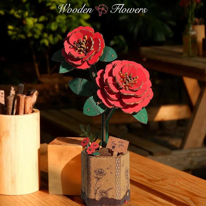 Robotime Wowood 3D Flower Wooden Puzzles for Adults-Red Camellia, DIY Wooden Flowers Model Kit Building Set Crafts (113PCS)  TW031 Red Camellia