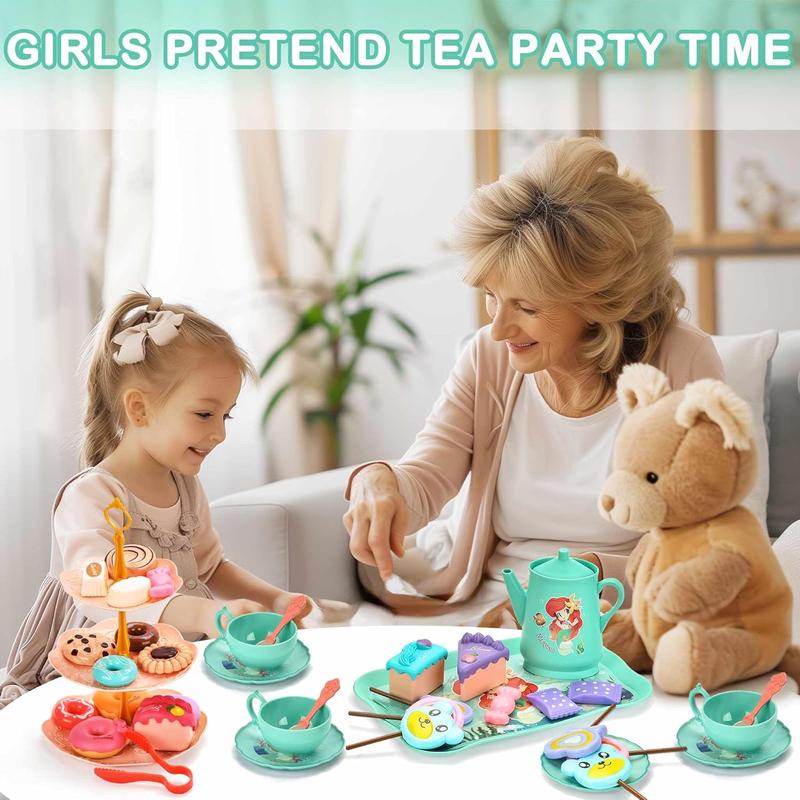 Mermaid Tea Party Set for Little Girls - Pretend Plastic Teapot Set, Princess Tea Time Play Kitchen Toy with Cups, Plates, and Carrying Case - Birthday Gifts for Kids Toddlers Age 3 4 5 6