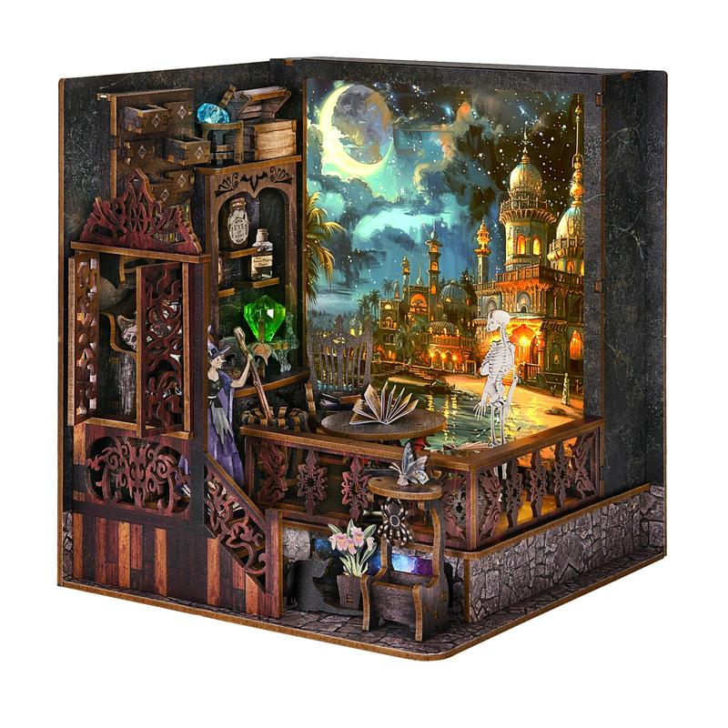 DIY Wooden Book Nook Kit with 3 Light Modes, 3D Miniature House Kit, Bookshelf Insert Decoration with Light Up Painting, Stocking Fillers Gift