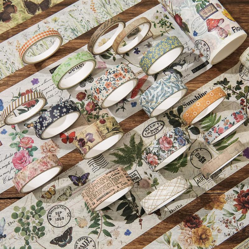 24 Rolls Vintage Washi Tape Set, Floral Letter Butterfly Mushroom Botanical Flower Writable Decorative Tapes for Scrapbooking , Junk Journal supplies, Bullet Journaling 5-75mm Wide 9.84ft long Roll Natural