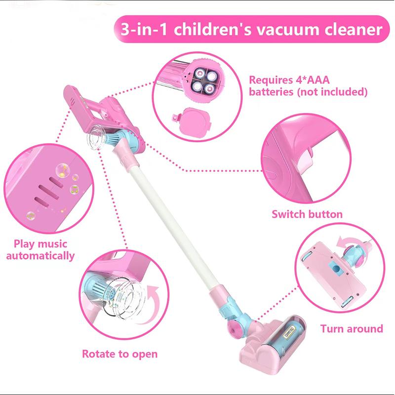 3 in 1 Household Kids Cartoon Vacuum Cleaner， Toddler Toy Vacuum Cleaner, Cleaning Set for Ages 3+ ,With Music, Lights and Pretend Play，,Pretend Play  Really Works，MONTESSORI STYLE LEARNING， for Learning for Children 3+.pink christmas decorations