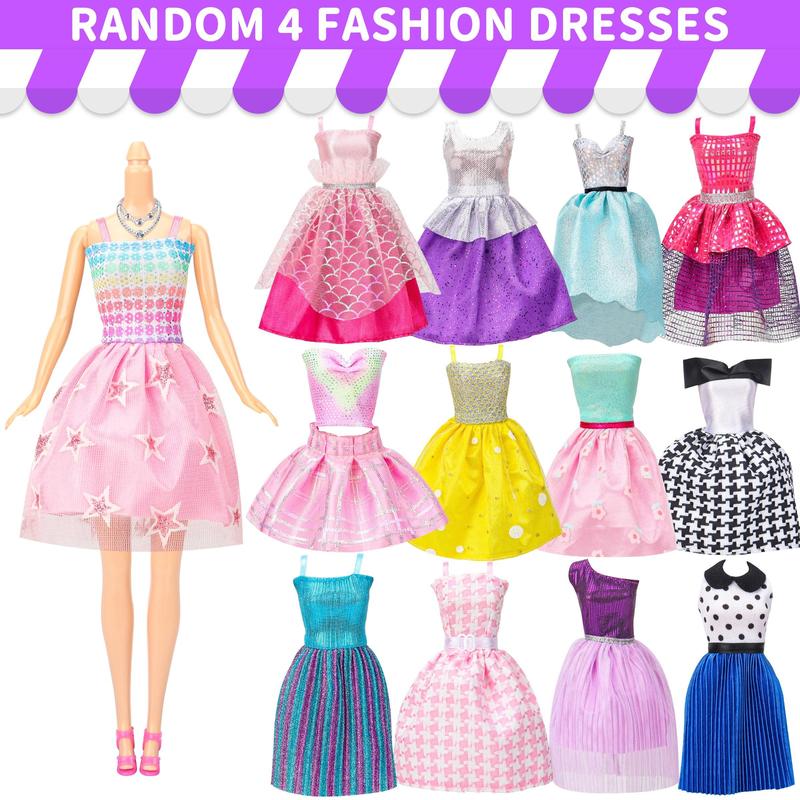 Random Doll Clothes & Accessories Set, 56pcs set Wedding Gowns & Dresses & Casual Outfit Top Pant & Swimsuit & Hanger, Colorful Doll Apparel for Gifts