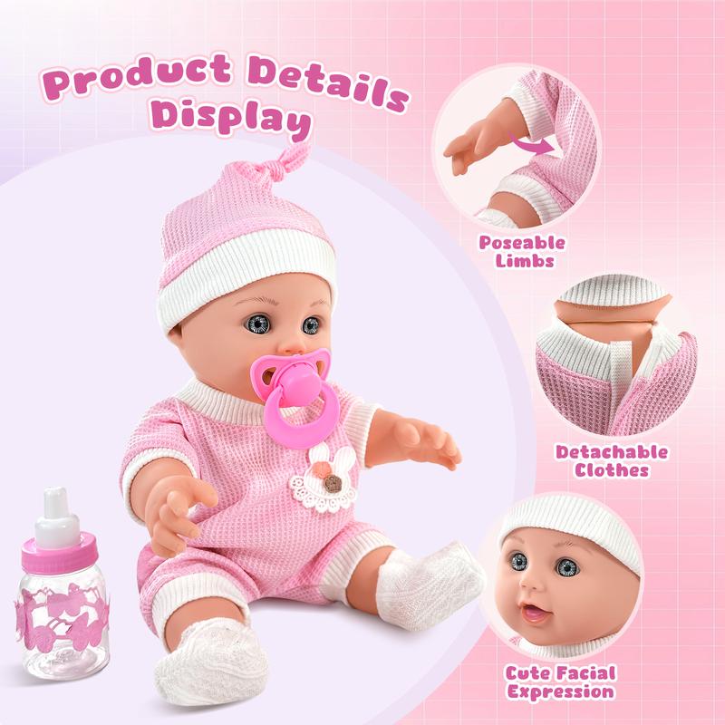 Nice2you 12in Baby Doll for Toddlers 1-3, First Baby Doll Set with Accessories, Pacifier, Feeding Bottle, Blanket for 2 Year old Girl，Pink doll