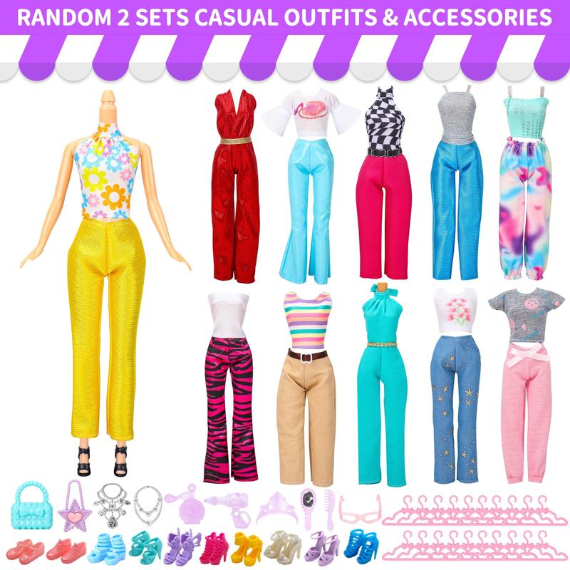 Random Doll Clothes & Accessories Set, 56pcs set Wedding Gowns & Dresses & Casual Outfit Top Pant & Swimsuit & Hanger, Colorful Doll Apparel for Gifts