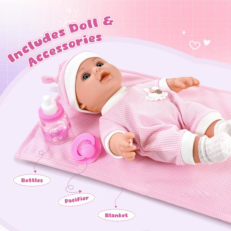 Nice2you 12in Baby Doll for Toddlers 1-3, First Baby Doll Set with Accessories, Pacifier, Feeding Bottle, Blanket for 2 Year old Girl，Pink doll