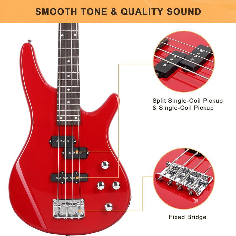 Electric Bass Guitar Full Size 4 String Exquisite Stylish Bass with Power Line, Bag and Wrench Tool, Red