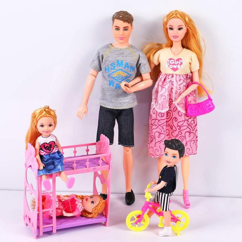 UCanaan Family Dolls Set of 6 People with Dad Pregnant Mom 3 Kids and Baby Boy in Mommy's Tummy and 70 Pcs Accessories for Education and Birthday Day Gift