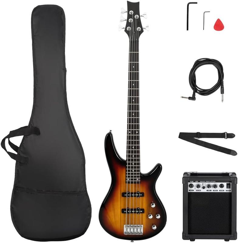 Ktaxon Electric Bass Guitar 5 String Bass Guitar with 20 Watt Amplifier, JB Type Pickup, Naturally air-dried Maple Neck, Rosewood Fretboard, Basswood Body(Sunset)