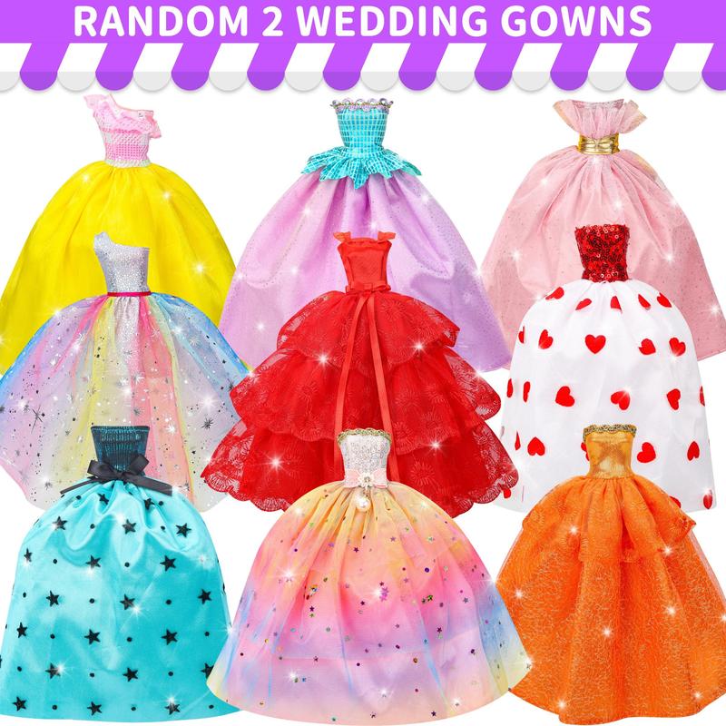 Random Doll Clothes & Accessories Set, 56pcs set Wedding Gowns & Dresses & Casual Outfit Top Pant & Swimsuit & Hanger, Colorful Doll Apparel for Gifts