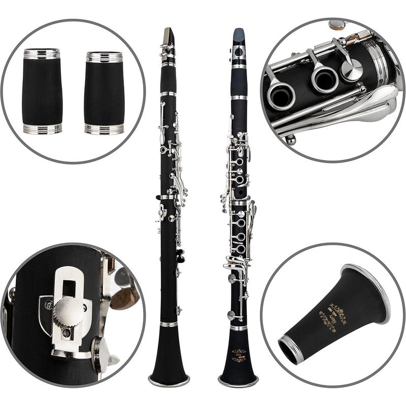 GLY-PBK Professional Ebonite Bb Clarinet with 10 Reeds, Stand, Hard Case, Cleaning Cloth, Cork , Mouthpiece Brush and Pad Brush, Black