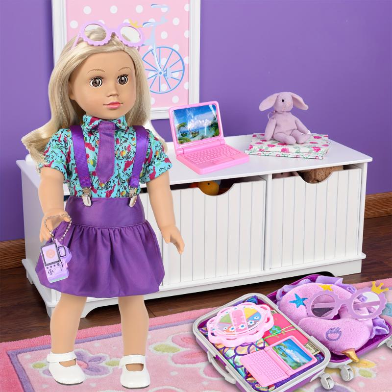 25pcs American 18 In Girl Doll Clothes And Accessories Travel Case Luggage School Play Set With Pillow Camera Sunglasses No Doll