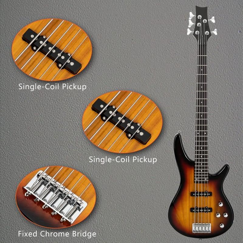 Ktaxon Electric Bass Guitar 5 String Bass Guitar with 20 Watt Amplifier, JB Type Pickup, Naturally air-dried Maple Neck, Rosewood Fretboard, Basswood Body(Sunset)