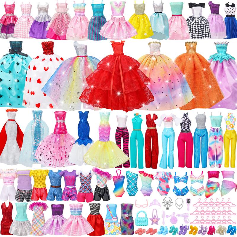 Random Doll Clothes & Accessories Set, 56pcs set Wedding Gowns & Dresses & Casual Outfit Top Pant & Swimsuit & Hanger, Colorful Doll Apparel for Gifts