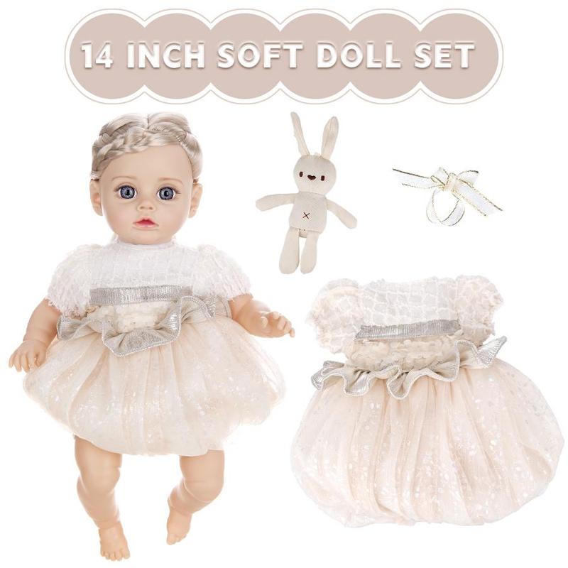 14 Inch Realistic Doll, 1 Set Cute Soft Doll Toy with Clothes & Hair Accessories, Creative Birthday Gifts for Age 3+