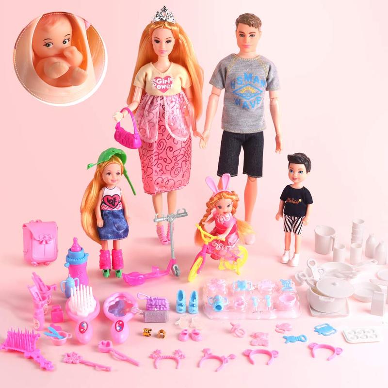 UCanaan Family Dolls Set of 6 People with Dad Pregnant Mom 3 Kids and Baby Boy in Mommy's Tummy and 70 Pcs Accessories for Education and Birthday Day Gift