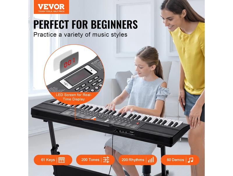 VEVOR 61 Key Digital Keyboard Piano Electric Portable 200 Tones 200 Rhythms