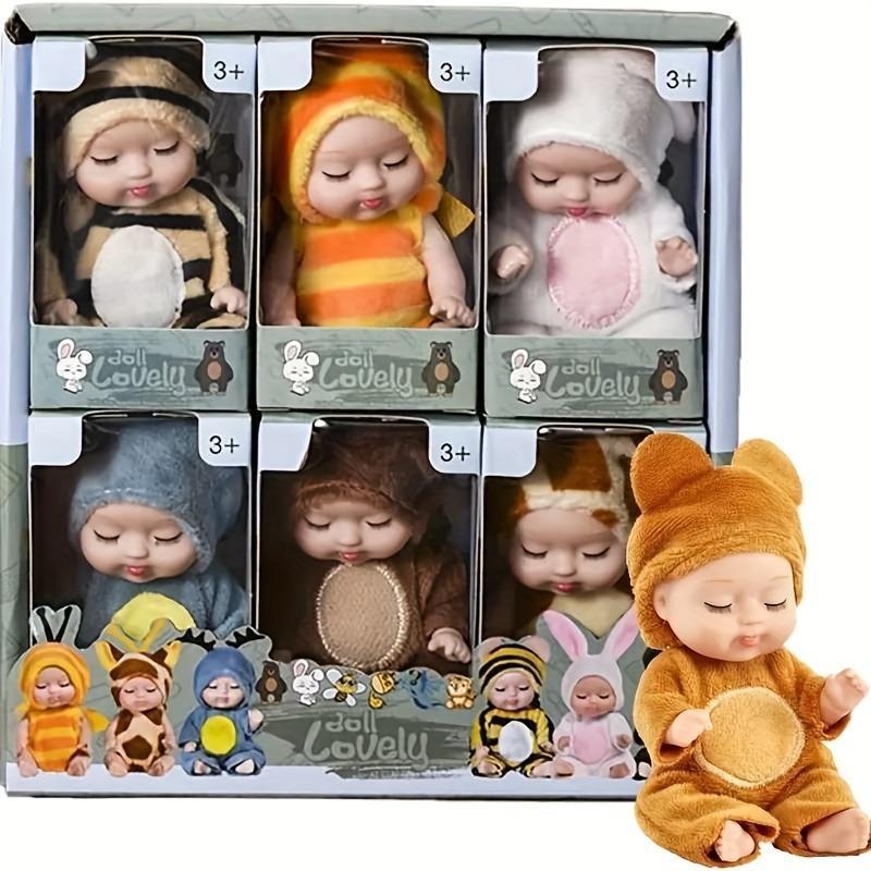 Christmas 6pcs set Mini Animal & Insect Shaped Cute Reborn Doll, Sleepy Doll, Children's Toy Gift Box