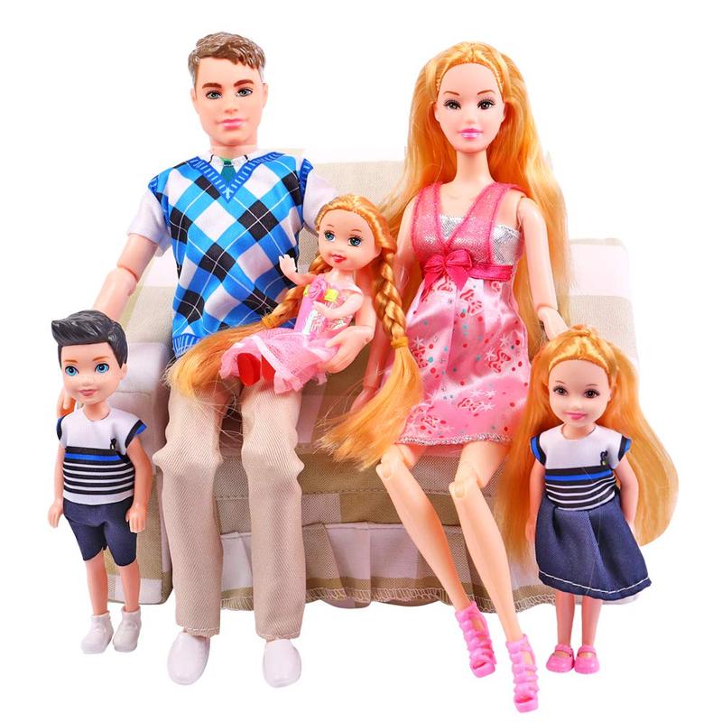 UCanaan Family Dolls Set of 6 People with Dad Pregnant Mom 3 Kids and Baby Boy in Mommy's Tummy and 70 Pcs Accessories for Education and Birthday Day Gift