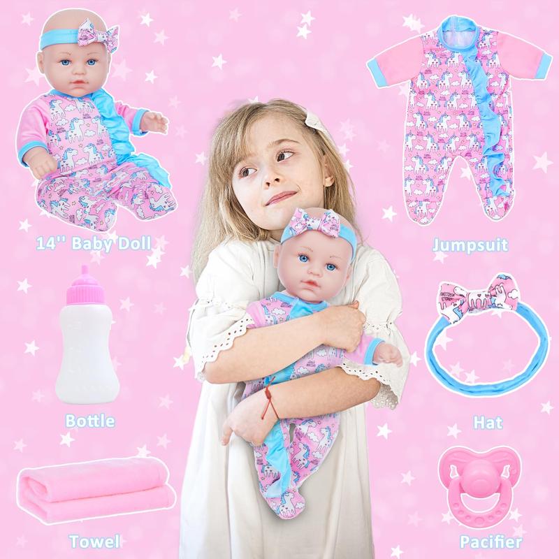 14 Inch Baby Doll with Clothes and Accessories, Including Reborn Alive Doll, Jumpsuit, Hat, Pacifier, Bottle, Towel for Toddlers Age 3+