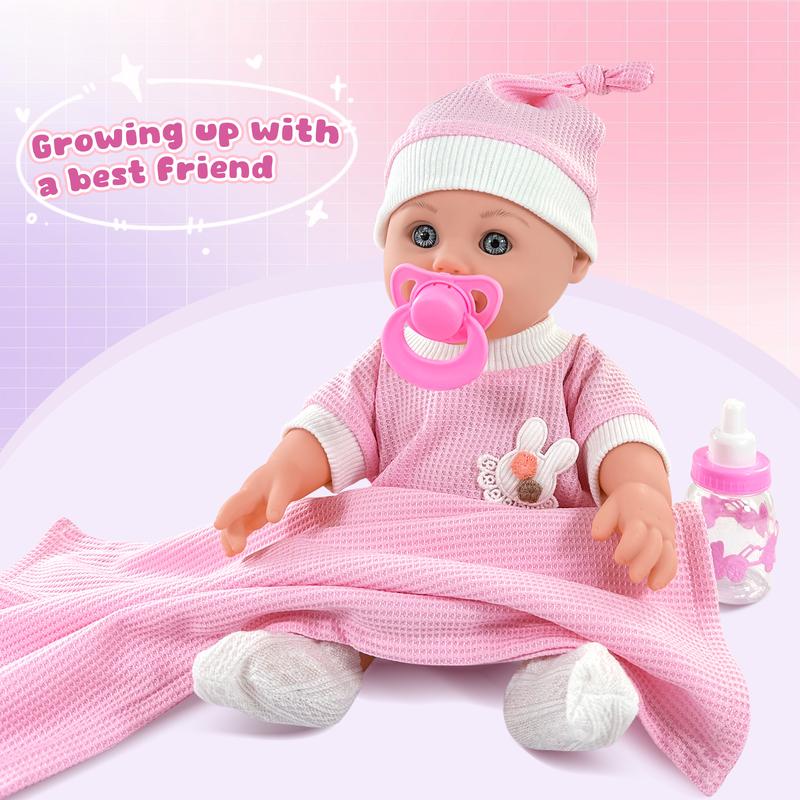 Nice2you 12in Baby Doll for Toddlers 1-3, First Baby Doll Set with Accessories, Pacifier, Feeding Bottle, Blanket for 2 Year old Girl，Pink doll