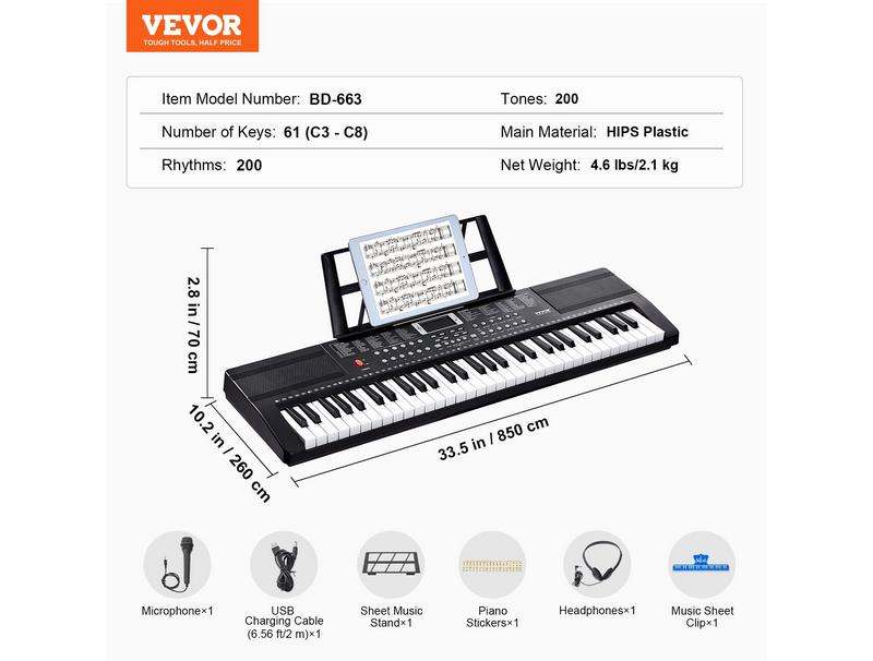 VEVOR 61 Key Digital Keyboard Piano Electric Portable 200 Tones 200 Rhythms