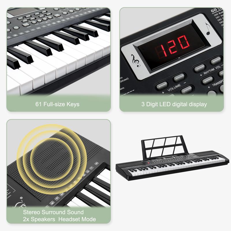 GEP-110 61 Key Keyboard with Piano Stand, Piano Bench, Built In Speakers, Headphone, Microphone, Music Rest, LED Screen, 3 Teaching Modes for Beginners