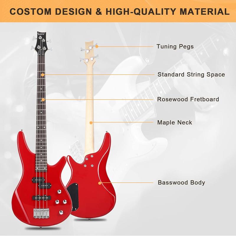 Electric Bass Guitar Full Size 4 String Exquisite Stylish Bass with Power Line, Bag and Wrench Tool, Red