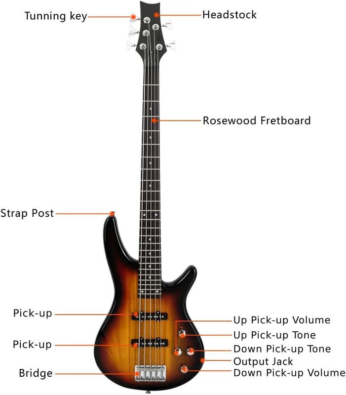 Ktaxon Electric Bass Guitar 5 String Bass Guitar with 20 Watt Amplifier, JB Type Pickup, Naturally air-dried Maple Neck, Rosewood Fretboard, Basswood Body(Sunset)