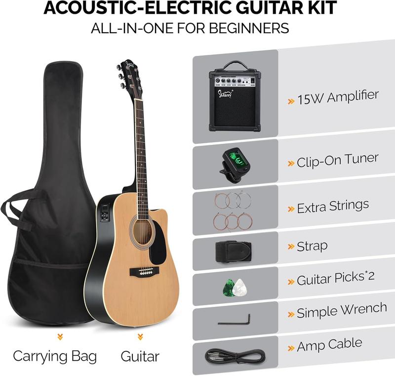 Full Size 6 Strings Acoustic Electric Guitar Beginner Kit w  15W Amp, Cutaway 41 Inch Electric Acoustic Guitar w Inbuilt Tuner, Bag, Strap, Picks, Strings, Basswood Guitarra, Matte Natural