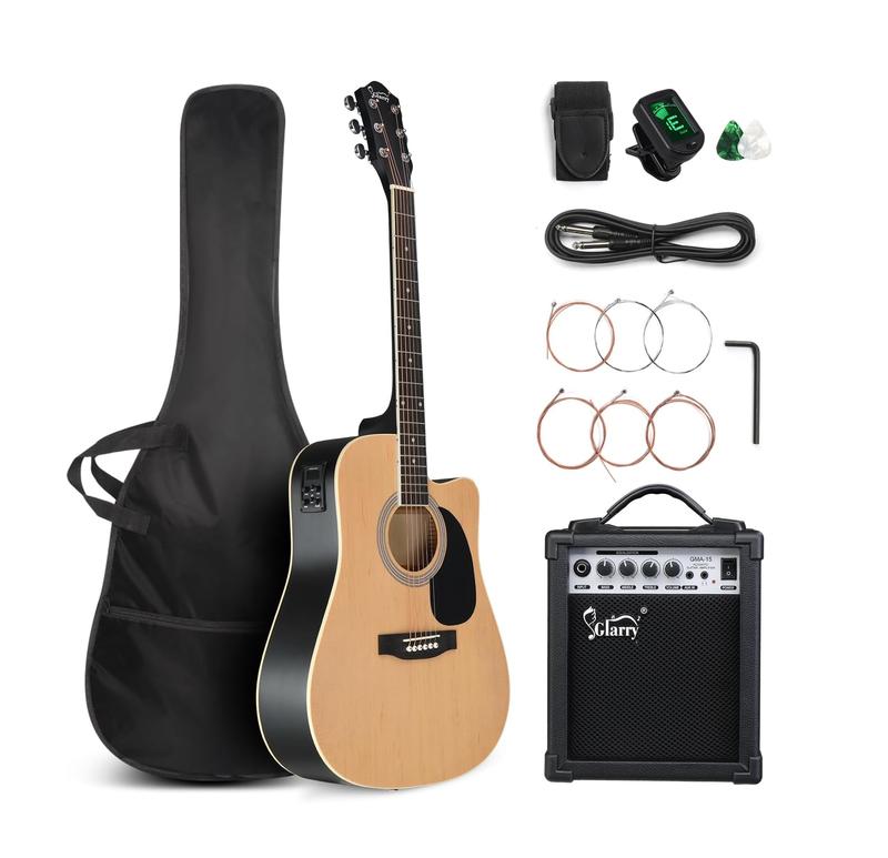 Full Size 6 Strings Acoustic Electric Guitar Beginner Kit w  15W Amp, Cutaway 41 Inch Electric Acoustic Guitar w Inbuilt Tuner, Bag, Strap, Picks, Strings, Basswood Guitarra, Matte Natural