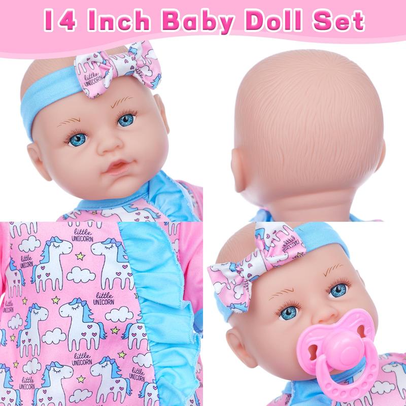 14 Inch Baby Doll with Clothes and Accessories, Including Reborn Alive Doll, Jumpsuit, Hat, Pacifier, Bottle, Towel for Toddlers Age 3+