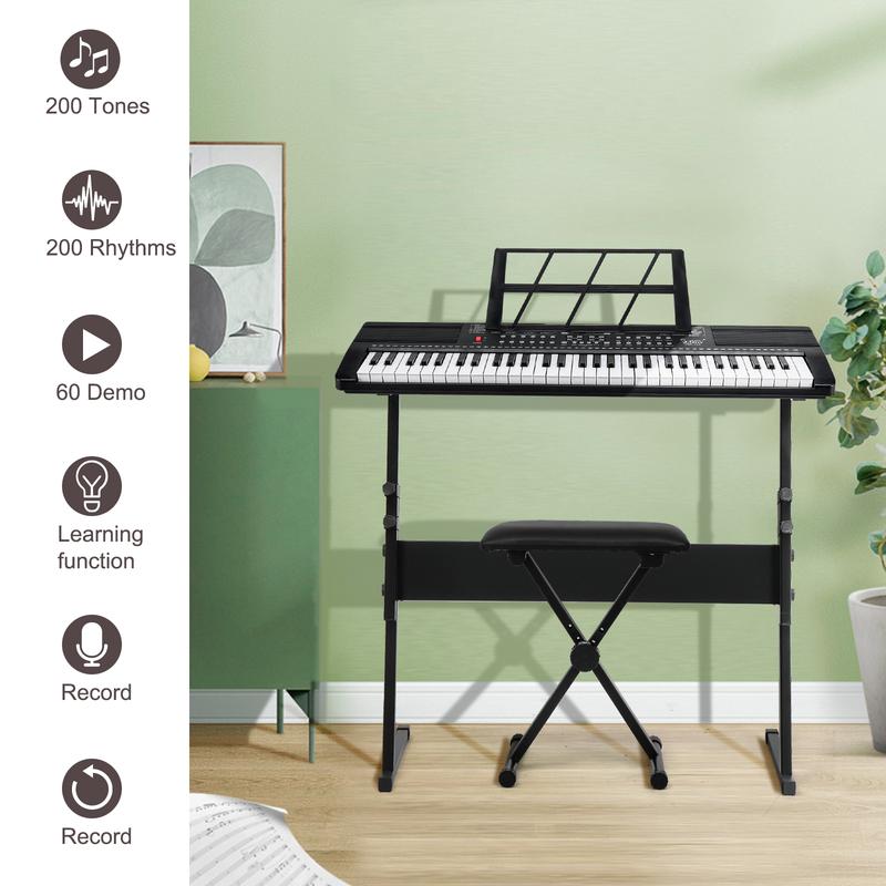 GEP-110 61 Key Keyboard with Piano Stand, Piano Bench, Built In Speakers, Headphone, Microphone, Music Rest, LED Screen, 3 Teaching Modes for Beginners