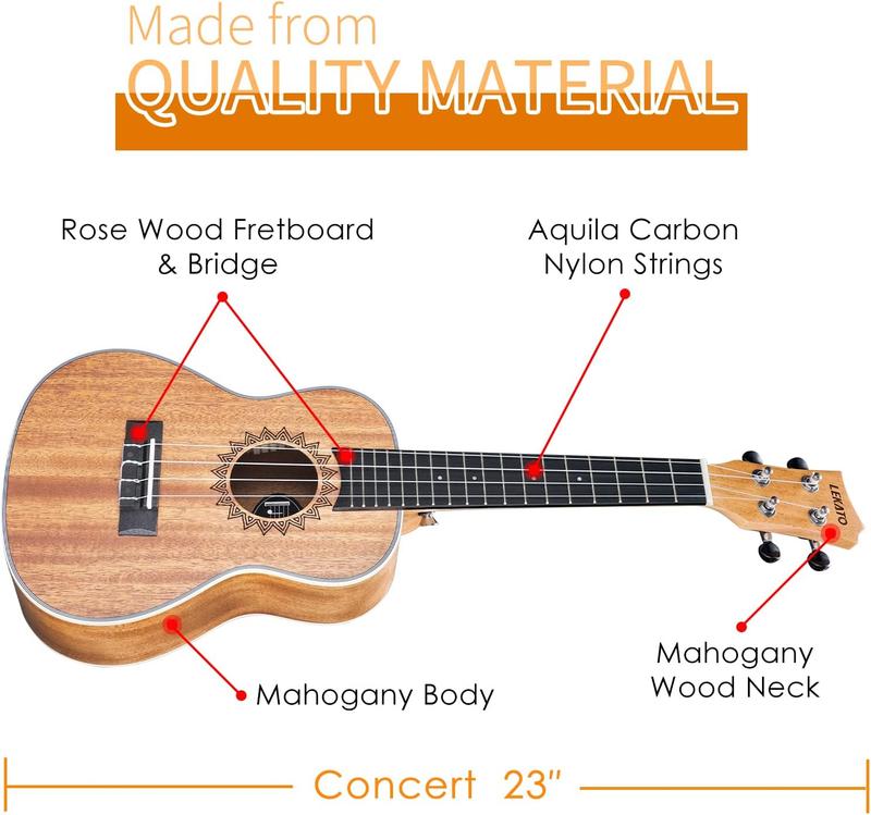 LEKATO 23 inch Ukulele Kit, Concert Mahogany, Ukelele Bundle for Beginners Adults Professional, Nylon String Wooden Hawaiian Starter Uke Kit, Music Lovers Boys Girls Friends Gift