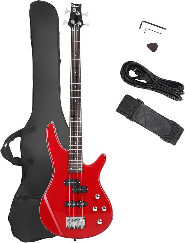 Electric Bass Guitar Full Size 4 String Exquisite Stylish Bass with Power Line, Bag and Wrench Tool, Red