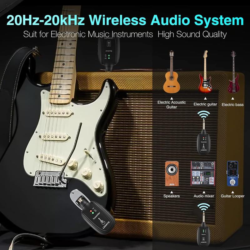 LEKATO A8 Wireless Guitar System, with 4 Channels, Built-in Rechargeable Wireless Guitar Transmitter Receiver, for Electric Guitar Bass Violin, for Music Lovers Boys Girls Friends Gift