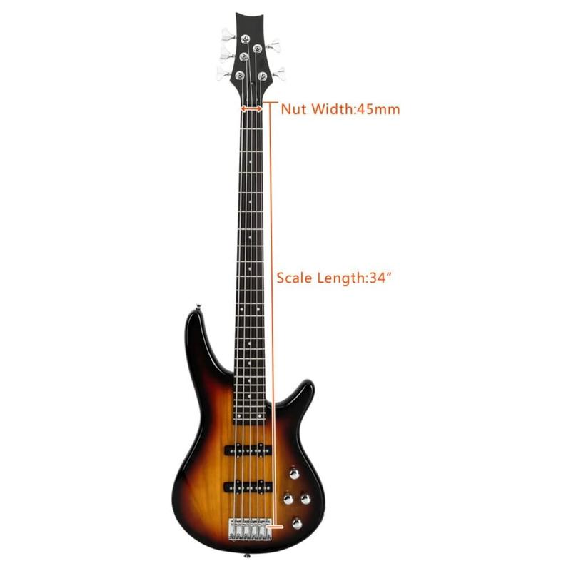 Ktaxon Electric Bass Guitar 5 String Bass Guitar with 20 Watt Amplifier, JB Type Pickup, Naturally air-dried Maple Neck, Rosewood Fretboard, Basswood Body(Sunset)