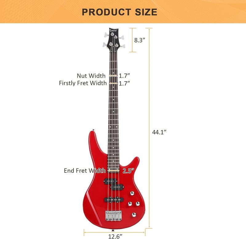 Electric Bass Guitar Full Size 4 String Exquisite Stylish Bass with Power Line, Bag and Wrench Tool, Red