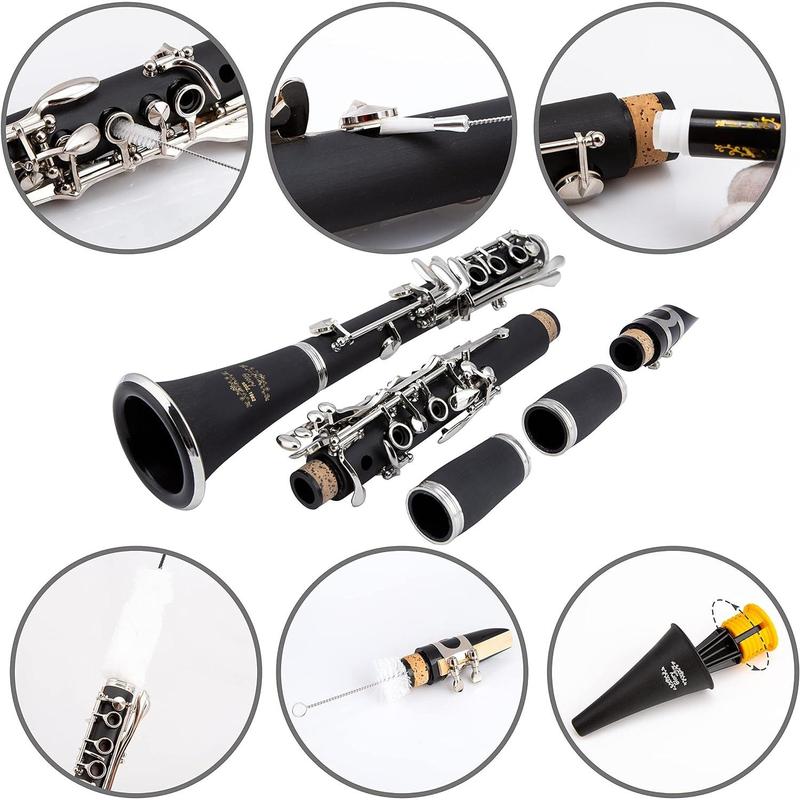 GLY-PBK Professional Ebonite Bb Clarinet with 10 Reeds, Stand, Hard Case, Cleaning Cloth, Cork , Mouthpiece Brush and Pad Brush, Black