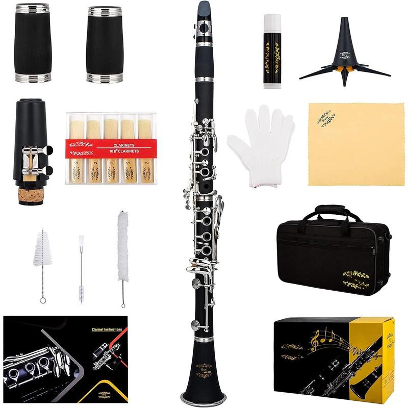 GLY-PBK Professional Ebonite Bb Clarinet with 10 Reeds, Stand, Hard Case, Cleaning Cloth, Cork , Mouthpiece Brush and Pad Brush, Black