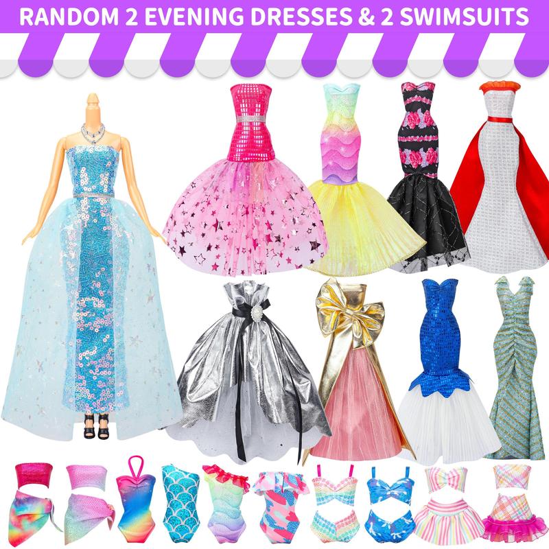 Random Doll Clothes & Accessories Set, 56pcs set Wedding Gowns & Dresses & Casual Outfit Top Pant & Swimsuit & Hanger, Colorful Doll Apparel for Gifts